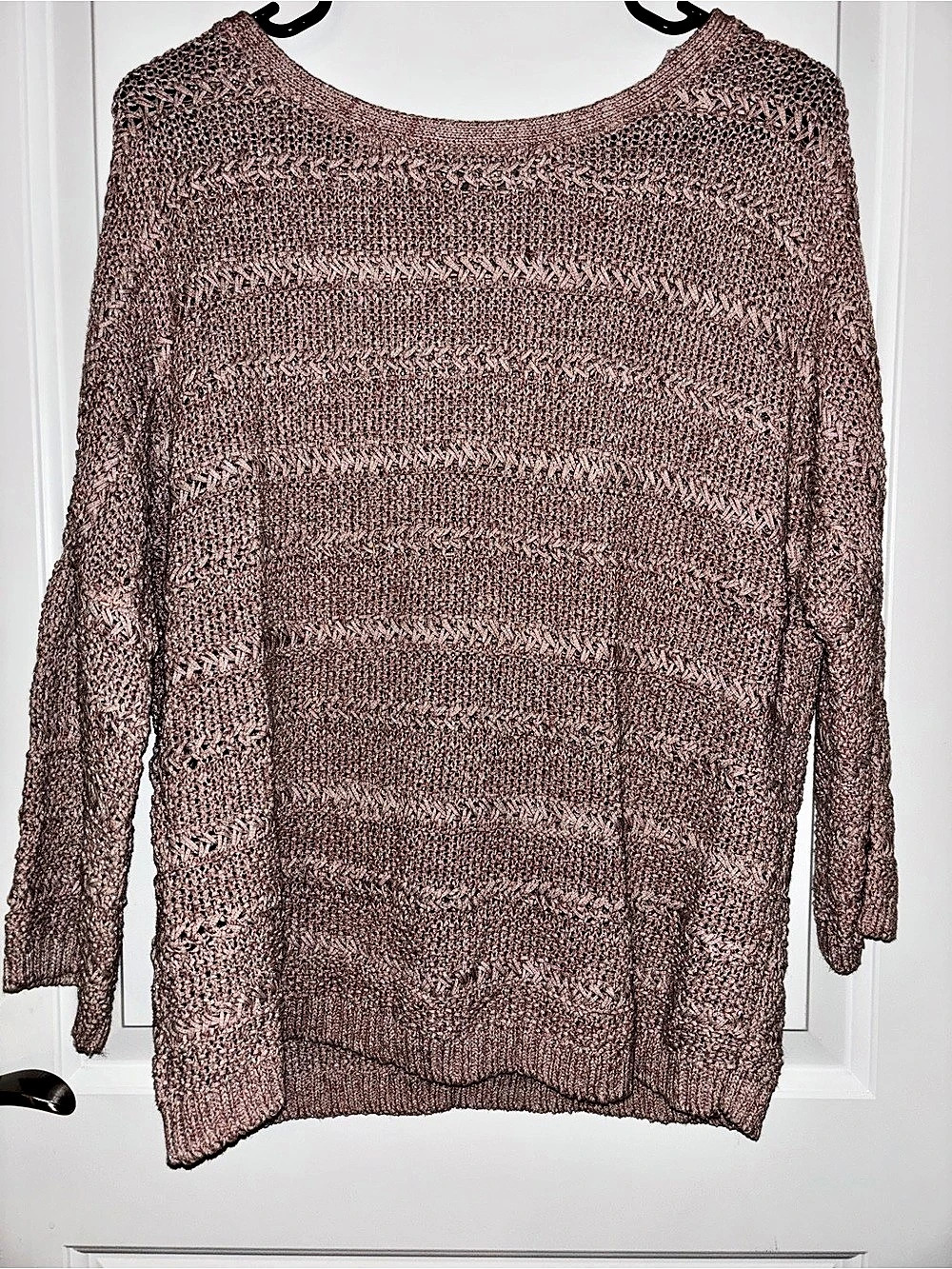 chico's Open Knit Crew Neck Sweater with 3/4 Sleeves